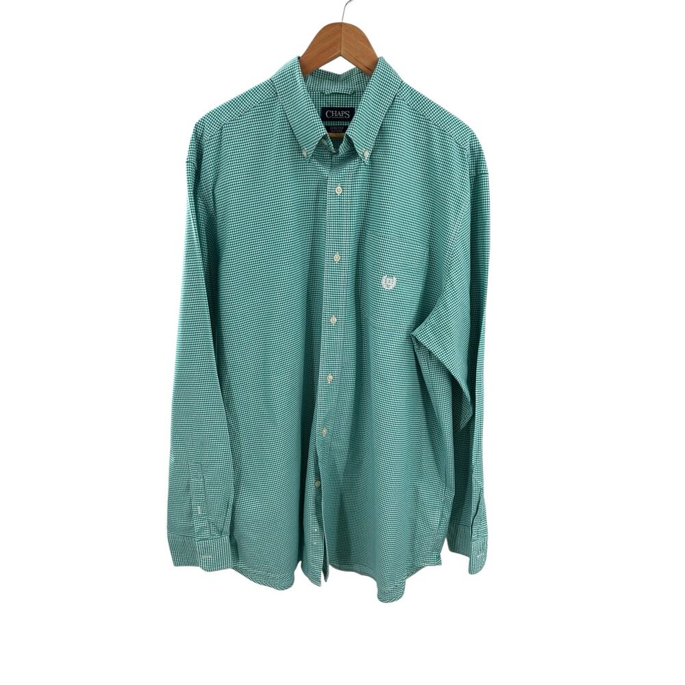 Chaps XL Tall Green White Gingham Plaid Shirt Long Sleeve Button Down Easy Care
